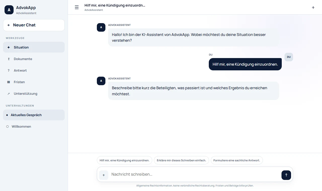 Responsive Innenansicht der AdvokApp mit KI-Assistent, Werkzeugen und Chat